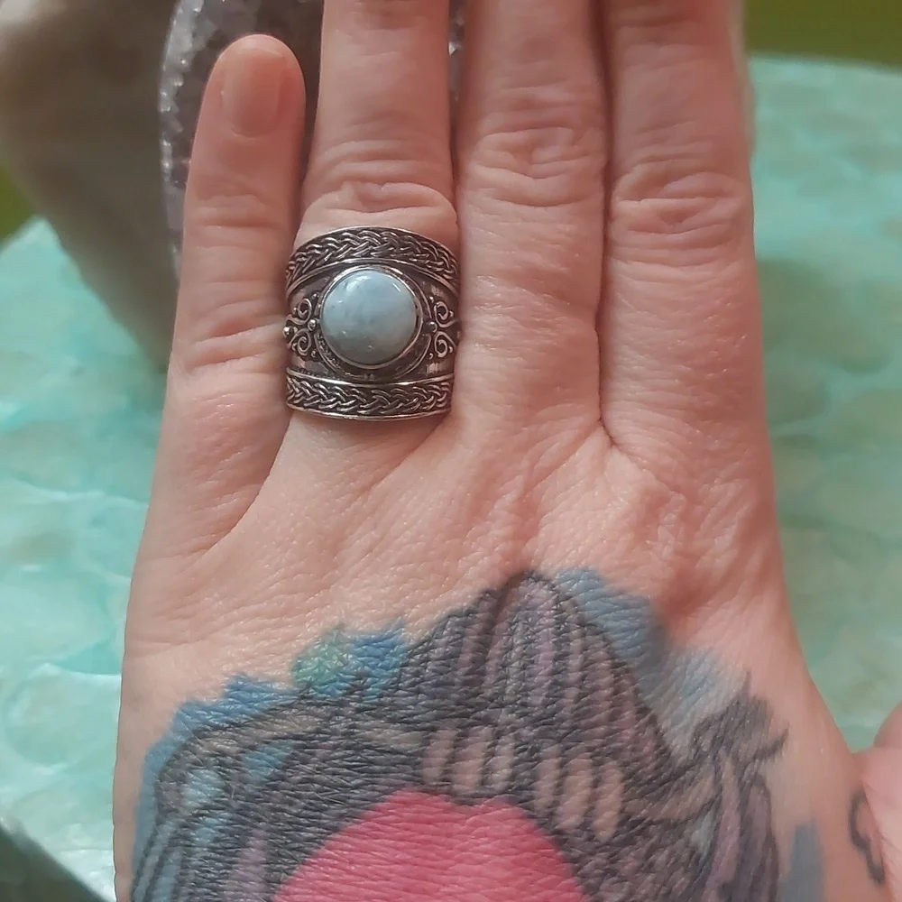 Wide Band Vintage Style Larimar Ring Size 7 - Picture 4 of 9